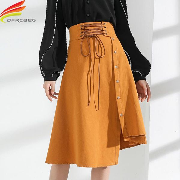 

skirts high waist drawstring womens 2021 winter skirt asymmetrical single button midi korean fashion style faldas mujer, Black