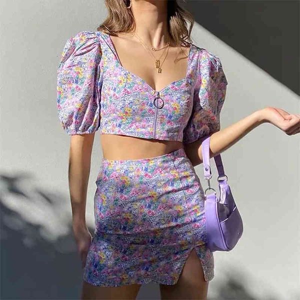 

purple chiffon suit summer 2 piece defines clothes of women retro-square floral turtleneck short waist high skirt lateral slit, Black