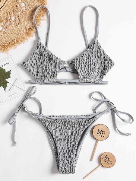 

five pointed star new bikini pleated solid lace up split swimsuit, White;black