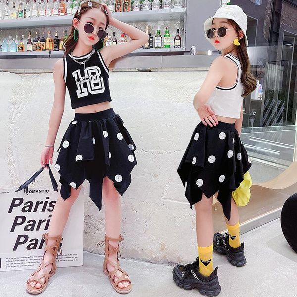 

clothing sets modern children's clothes girls costume summer black 2pcs print tank + skirt mesh lace kilt suit irregular dress, White