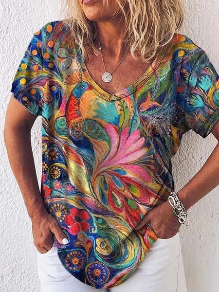 

women's t-shirt straight 2021 summer printed v-neck short sleeve, White