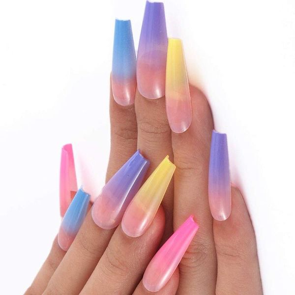 

false nails super long fake coffin glossy press on ballerina tips party prom for women and girls 24pcs (rainbow), Red;gold