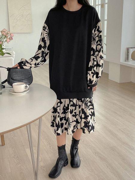 

dazy floral print drop shoulder sweatshirt dress a8l4#, White;black