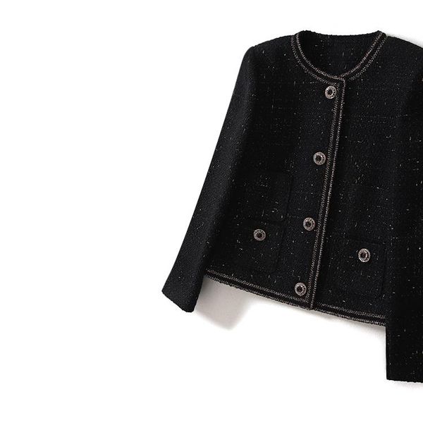 

women's jackets luxury elegant ladies runway black tweed round neck long sleeved jacket women clothes multi pockets casaco feminino, Black;brown