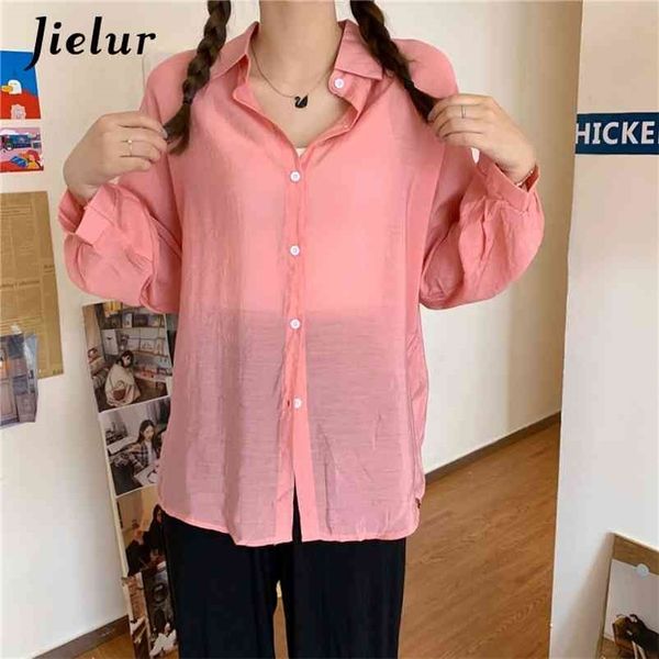 

shirt women summer solid color long sleeve autumn chic button blouse loose korean s shirts slim 210426, White