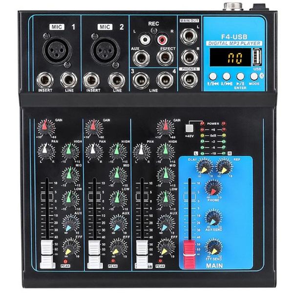 

sound cards f4 4 channel audio mixer professional mixing console with bluetooth usb recording 48v phantom power eu plug