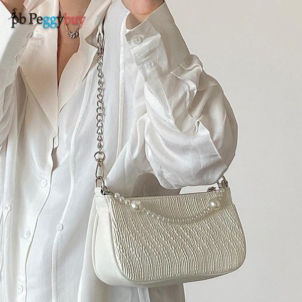 

evening bags casual pure color handbag purse fashion women pu leather solid pleated pearl chain shoulder underarm