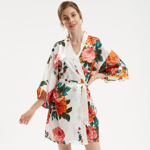 

women's sleepwear white print flower kimono bathrobe gown women bride bridesmaid wedding robe summer silky satin nightgown casual night, Black;red