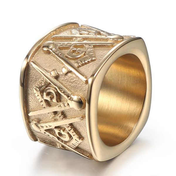 

wedding rings european and american retro titanium steel men's ring gold masonic logo stainless quality assurance, Slivery;golden