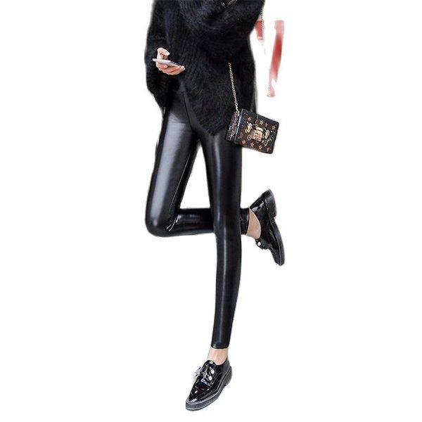 

women's pants & capris winter woman plus size velvet thick pencil female black oversized warm stretch down trousers women leather pu, Black;white