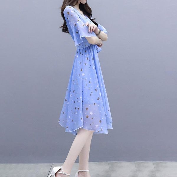

casual dresses dress women high waist chiffon ruffles v-neck short sleeve sky blue color lace up dot pattern korean style all-match, Black;gray