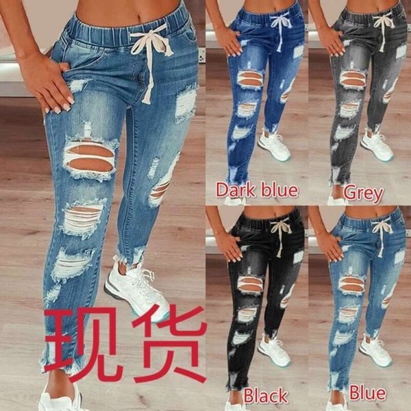 

tear hole stretch denim women with size bandage pants, Blue