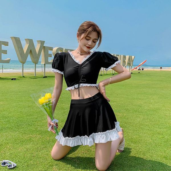 

one-piece suits 2021 the swimsuit female ins girl sweet, japan and pure color lace smoke plait fission boxer tall waist a