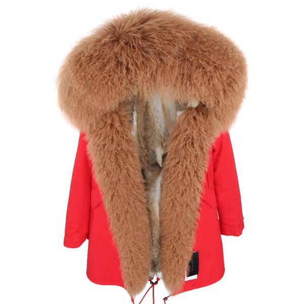 

women's fur & faux women winter clothes parkas jacket real collar hood long parka natural mongolia sheep liner outwear, Black