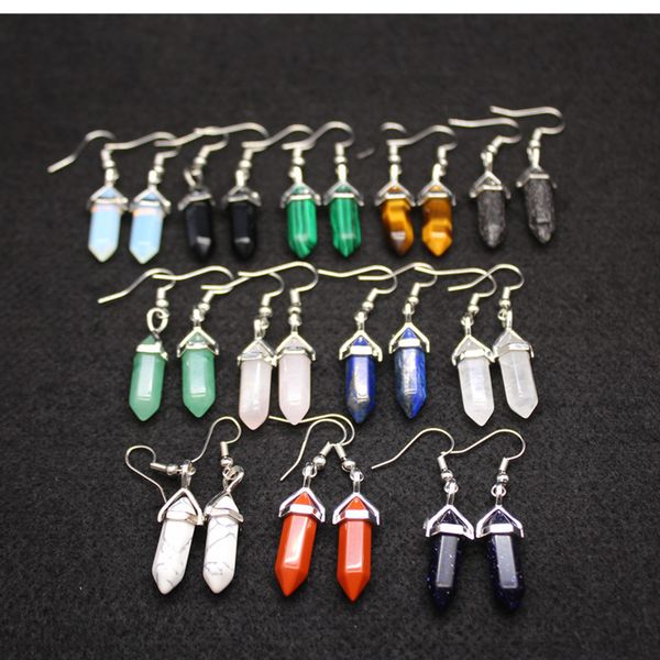 

hexagonal prism bullet earrings natural stone opal turquoises pink quartz dangle healing reiki pendulum earrings women, Silver