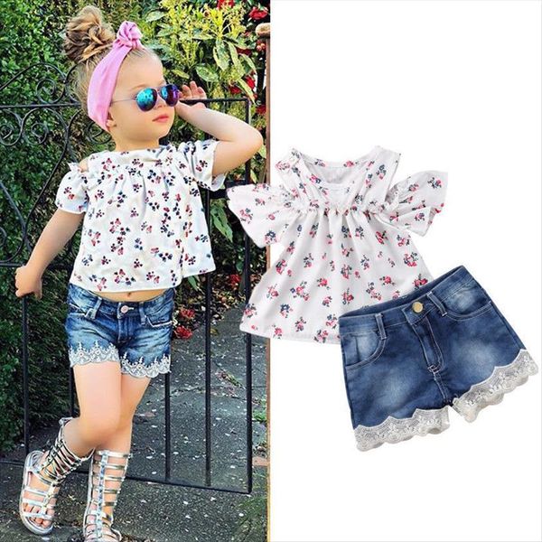 

pretty cute toddler baby girls clothes sets 2pcs off shoulder short sleeve floral print t shirts denim shorts, White