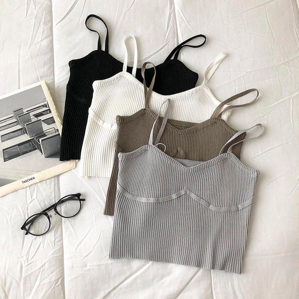 

women's tanks & camis summer sling short knitted vest cami women wear v-neck high waist inner thin bottoming shirt top, White