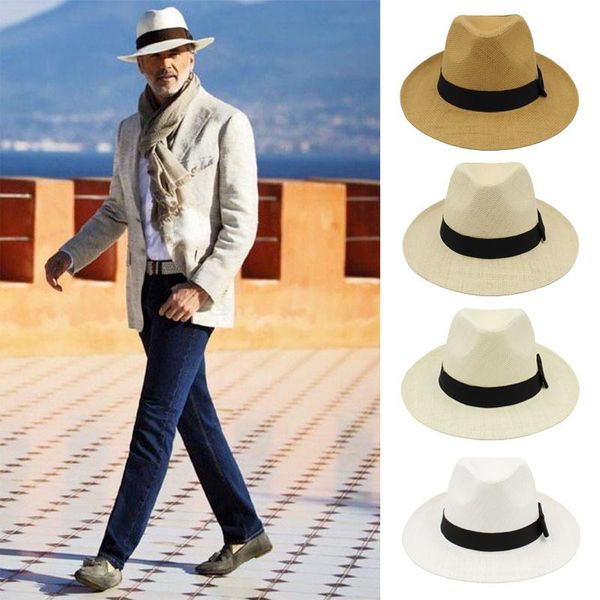 

wide brim hats men women straw panama summer fedora sunhats bowtie band party trilby caps outdoor sombrero travel size us 71/4 uk, Blue;gray