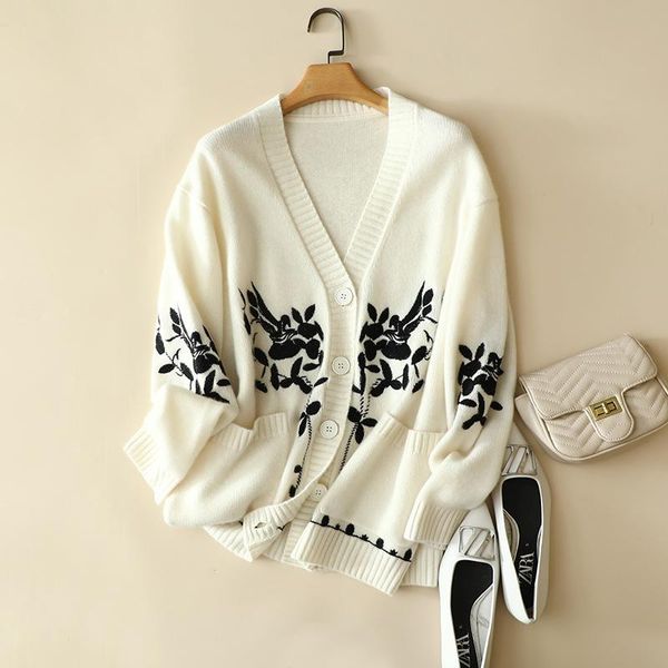 

women's sweaters winter cashmere jacket v-neck loose lazy style 100 pure knitted sweater thicken, White;black