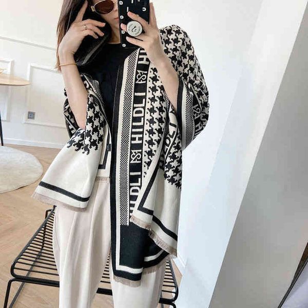

70% off design grade black white lattice cape autumn new 2021 double-sided warm and versatile scarf women's shawl, Blue;gray