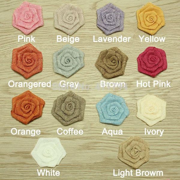 

headband 3" burlap rose flower ,linen 60 pcs(12colors for selection) ties, Red;brown