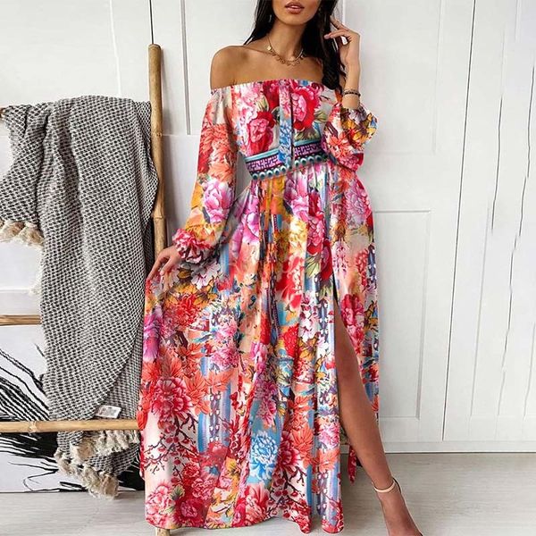 

printing slash neck vintage temperament ladies evening dress wrist sleeve big swing slit ankle-length women long dresses 210423, Black;gray
