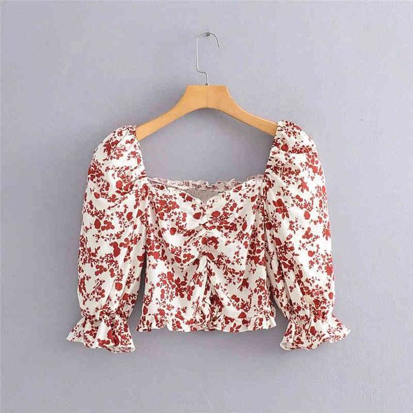 

women's blouses & shirts women spring pleated short za blouse female chic half sleeve square collar floral print shirt for young l, White