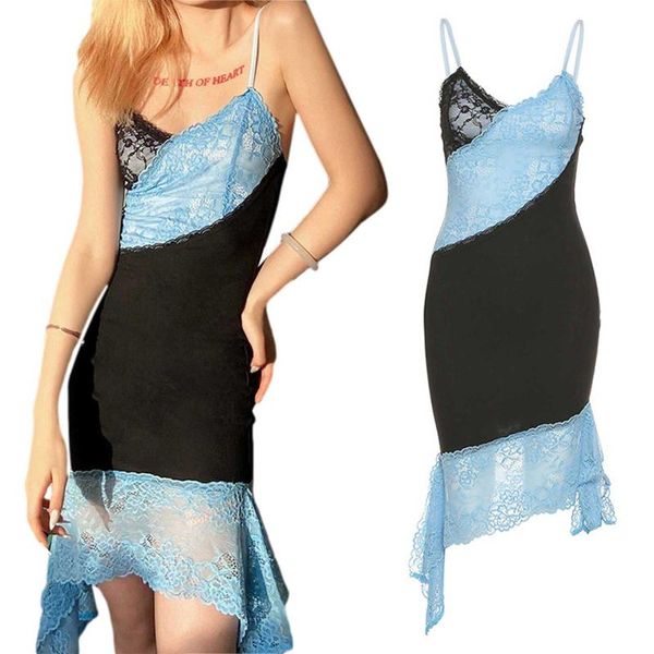 

casual dresses women suspender mid-length dress irregular contrast color backless tight summer skinny vintage, Black;gray