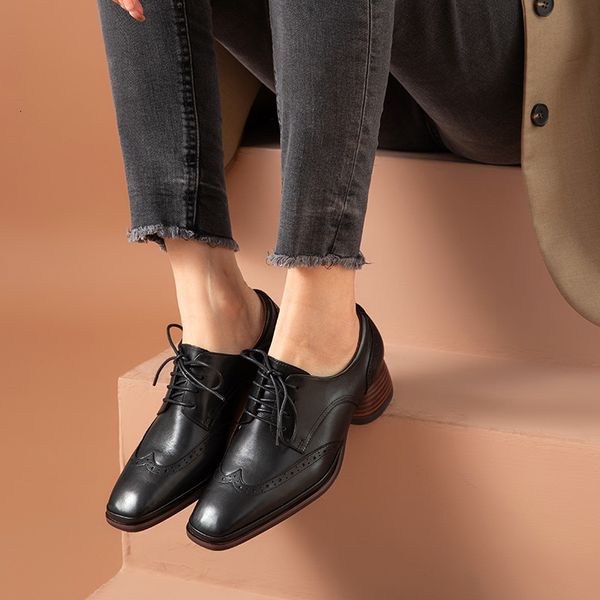 

dress shoes leather brogue women calf wingtip square toe lace-up closure ladies block heel shoes handmade 15743, Black