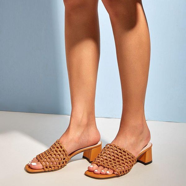 

slippers 2021 summer style mesh mid-heel brown women's sandals cover-foot square-toe hollow casual shoes, Black