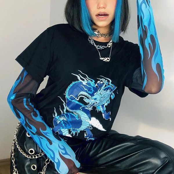 

women's t-shirt flame print harajuku ladies y2k patchwork black dragon tee shirt women gothic long sleeve t female, White