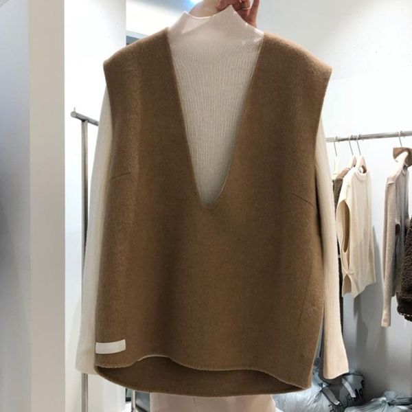 

women's vests [ewq] spring 2021 women casual loose v-neck solid color cashmere short minimalist sleeveless pullover vest coat 8q831, Black;white