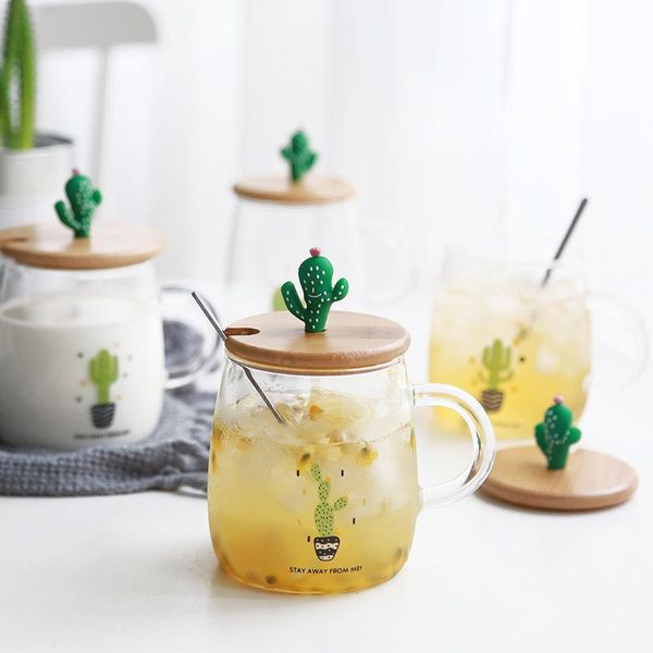 

wine glasses 450ml transparent cactus tea glass tumblerful with lid spoon creative milk coffee fruit juice girl lovely water cup drinkware