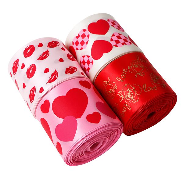 Forniture per feste Decor Nastro regalo Raso di poliestere Love Lips Stampa rosa Nastri di San Valentino