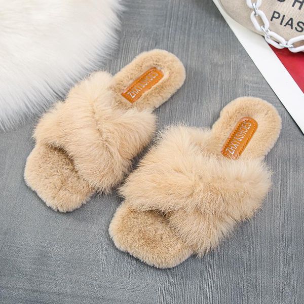 

slippers 2021 hair winter women home with faux fur fashion warm shoes woman slip on flats female slides zapatos mujer, Black