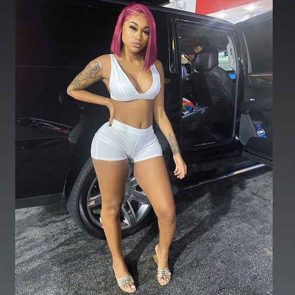 

summer two piece set womenpant crop shorts sporty sweatshirt fitness tracksuit elastic bras and high waist leggings, White