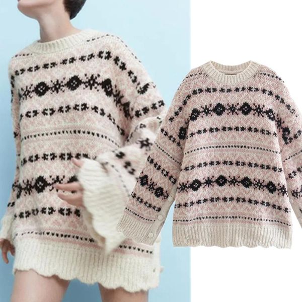 

women's sweaters withered winter women indie folk vintage jacquard weave pull femme o-neck oversize loose pullovers, White;black