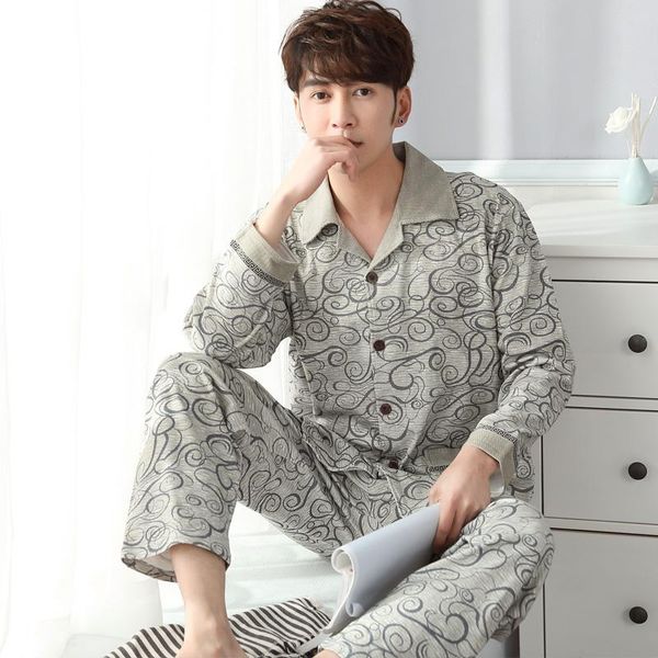 

men's sleepwear plus size 4xl knited cotton pajama sets spring autumn print pijama men long sleeve turn-down collar male pyjamas, Black;brown