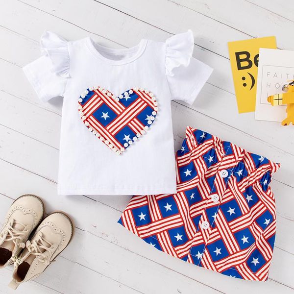 

clothing sets focusnorm 1-5y summer kids girls independence day clothes set pearl striped star t shirts a-line skirts, White