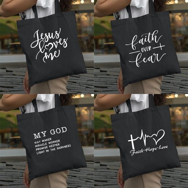 

cross body faith hope love jesus print reusable shoulder bags casual fashion women quotes female black foldable eco organizer travel