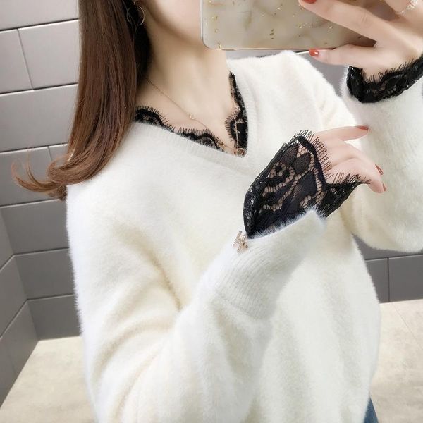 

women's vests 15428 hall, row 1, no. 3] actual po of mink like v-neck lace splicing knitwear 55, Black;white