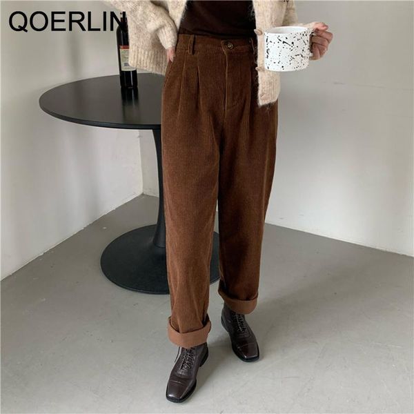 

women's pants & capris qoerlin vintage large size cordury women plus autumn winter high waist straight trouser black female streetwear, Black;white