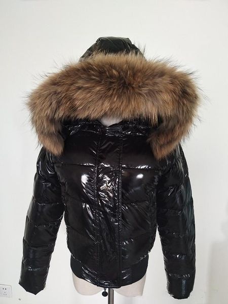 M piumino da donna ispessimento Parka corto 100% vero collo di pelliccia di procione cappuccio cappotto Colore nero / rosso Taglia S-2XL