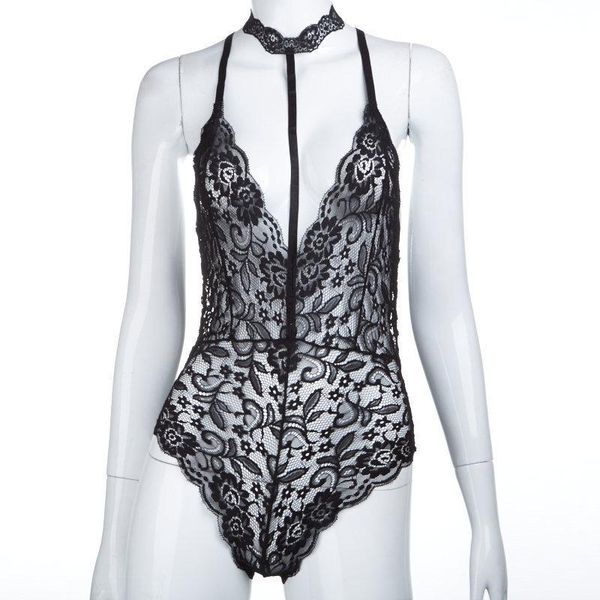 

halter lace bodysuit women skinny hollow out black jumpsuit romper body feminino overalls mesh playsuit women's jumpsuits & rompers, Black;white