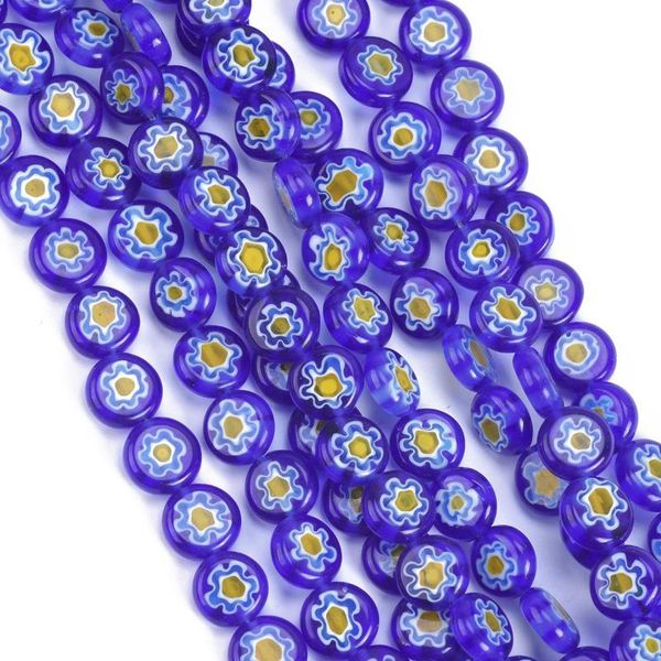 

other 8mm 10mm flat round deep blue & yellow flower patterns millefiori glass loose crafts beads lot for diy jewelry making findings