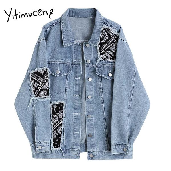 

yitimuceng print jean jacket women clothes oversized jeans denim coat single breasted korean coats spring fall 2021 fashion women's jac, Black;brown