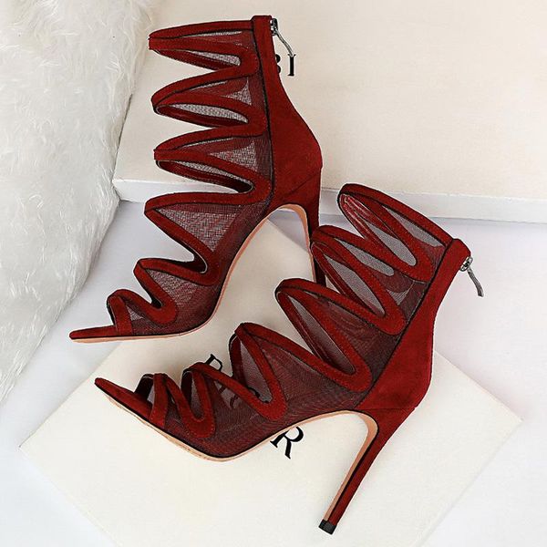 

boots 2021 women fetish stripper sandals ankle stiletto 10cm high heels mesh rome gladiator peep toe summer burgundy shoes, Black