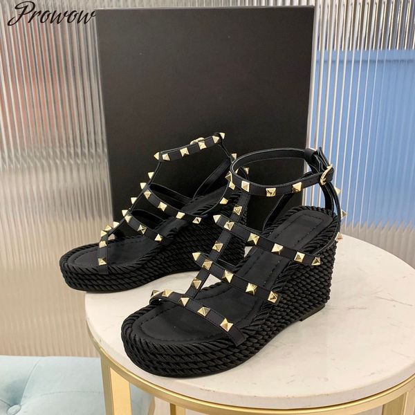 

prowow summer sandals round toe women shoes fashion genuine leather rivet woman buckle strap high heels 60% off store online, Black