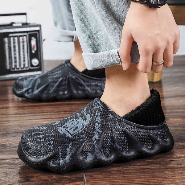 

winter warm women men waterproof furry slippers shoes non-slip plush stepped cotton printed indoor outdoor home thick heel, Black
