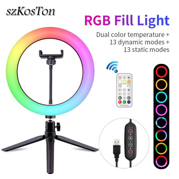 

professional 26cm rgb colorful led ring light with tripod 13 modes usb remote control pography lighting for youtube live vlog flash heads
